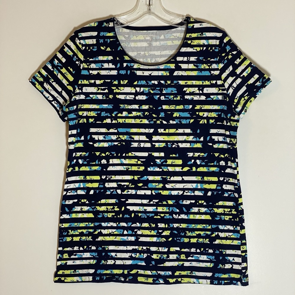 Kim Rogers Top Womens Medium Multicolor Striped Floral Colorful Boho Tee Shirt M